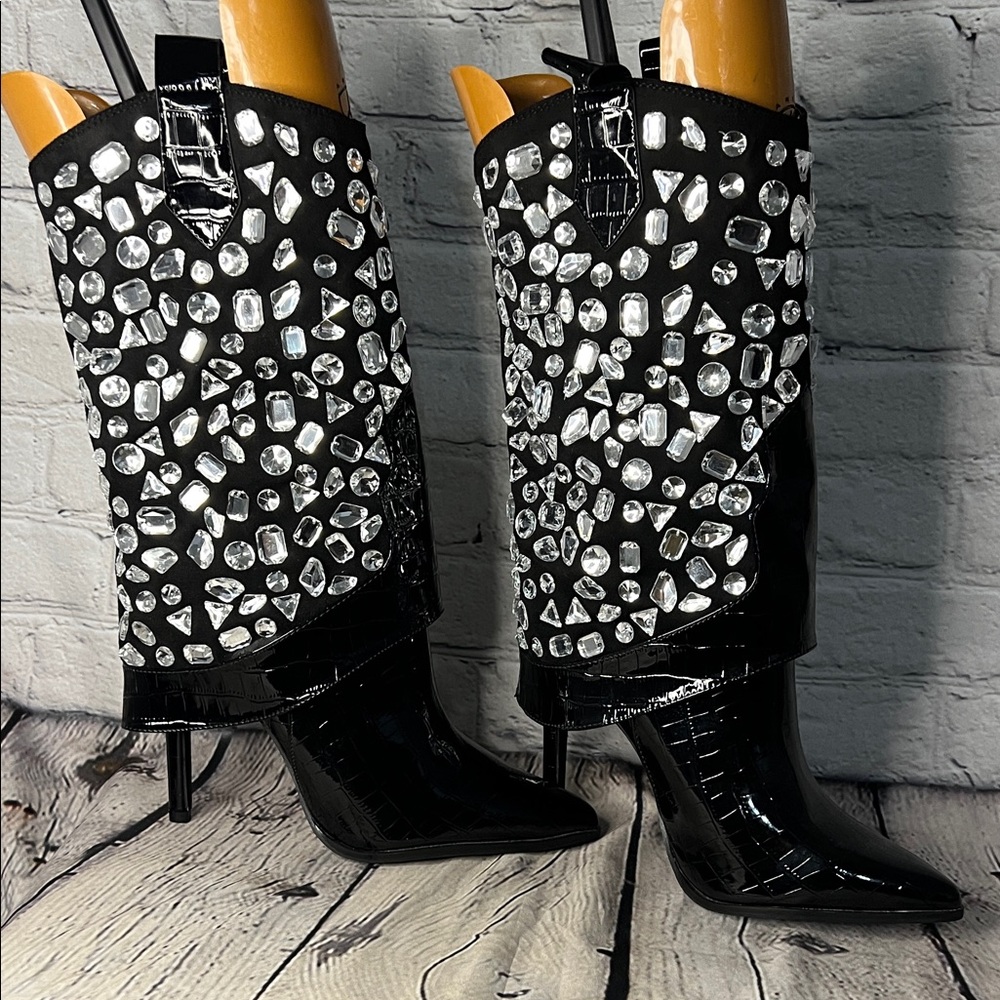 Lauren Lorraine Hana Black and Silver Embellished Heeled Boots - Picture 3 of 11